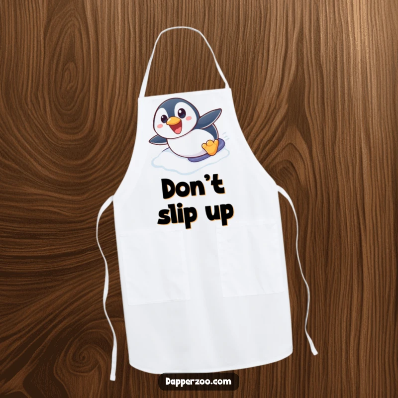 Funny penguin apron featuring a cute penguin character excitedly sliding down an icy slope on its belly, perfect for kitchen fun.