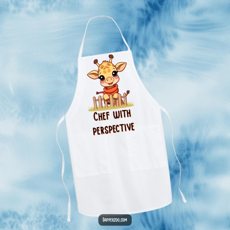 Funny apron with a happy giraffe calf wearing a miniature scarf, playfully peeking over a tiny fence, for kitchen fun.