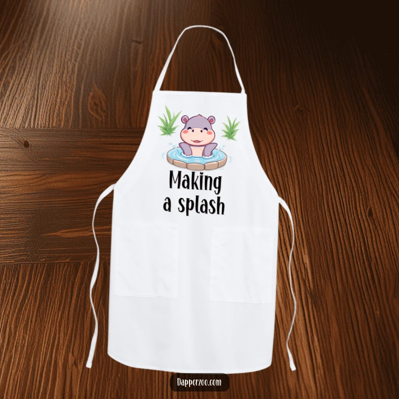 Funny Kawaii hippo character happily splashing water on a kitchen apron, bringing playful humor to cooking.