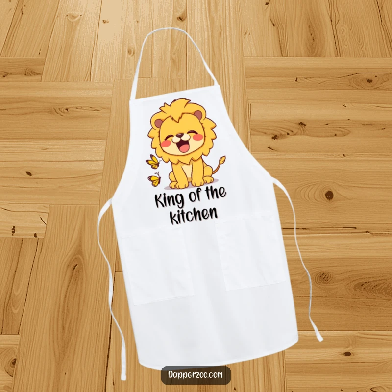 Funny kawaii lion apron showing a cute lion roaring playfully at a tiny butterfly, ideal for a humorous cooking experience.