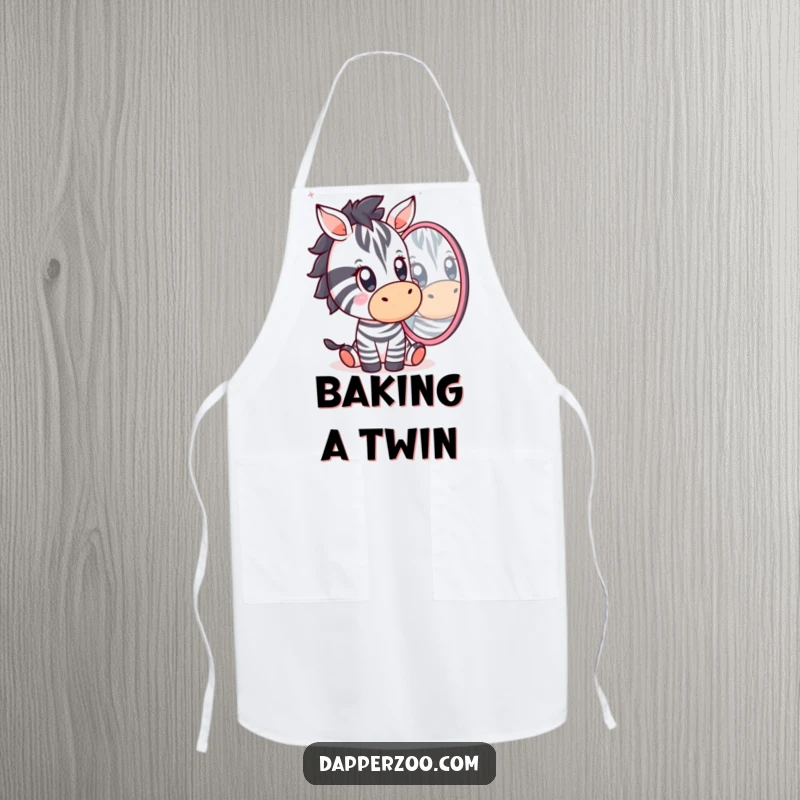Funny Kawaii zebra character looking surprised at its reflection on a kitchen apron, bringing humor to meal preparation.
