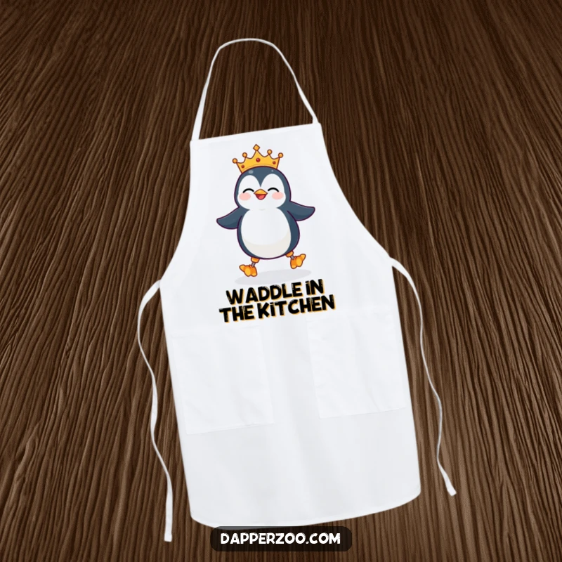 Funny penguin apron, wearing a tiny ill-fitting crown, giggling and attempting to waddle on stilts, for a humorous and regal cooking experience.