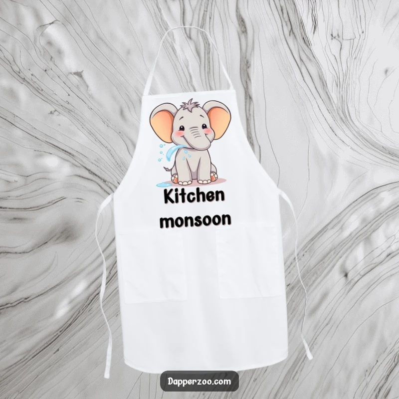 Funny elephant apron with a smiling creature spraying water from its trunk with pure delight, ideal for cooking.