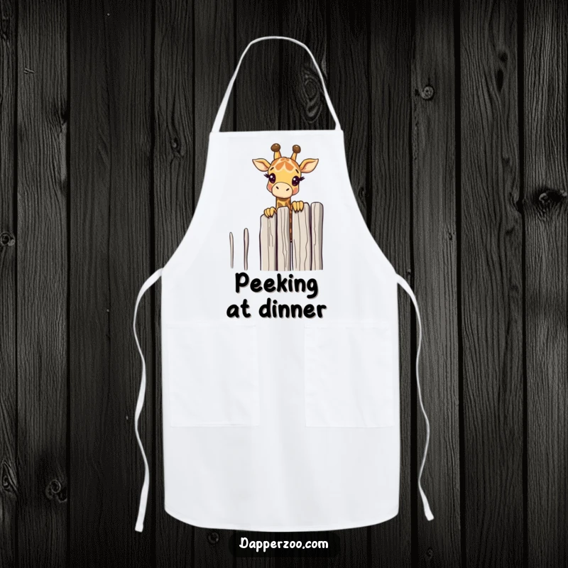 Funny giraffe character peeking over a tall, comically thin fence adorns this apron, adding humor to cooking.