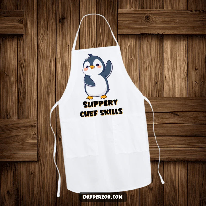 Funny kawaii penguin apron showing a cute penguin comically waddling with flippers in the air, perfect for a humorous cooking experience.