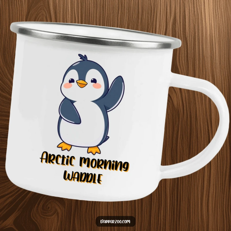Funny kawaii penguin camping mug featuring a cute penguin comically waddling with flippers in the air, ideal for outdoor fun.