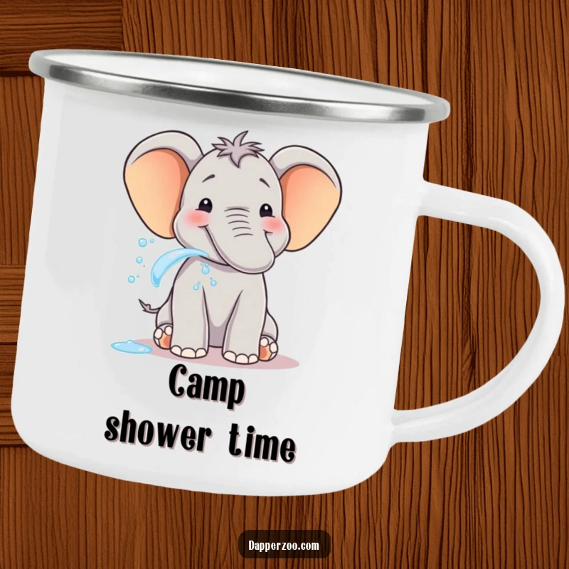 Funny elephant camping mug with a smiling creature spraying water from its trunk with delight, for outdoor enjoyment.