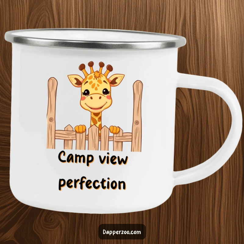 Funny giraffe camping mug with a big grin, comically peeking over a tall fence, for outdoor enjoyment.