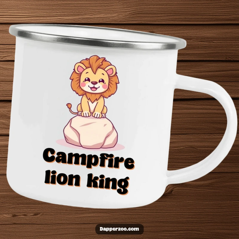 Funny lion character dramatically posing on a tiny plush rock with regal flair, designed for a humorous and durable camping mug.