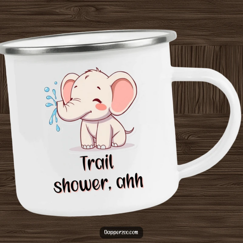 Funny kawaii elephant camping mug featuring a cute elephant joyfully spraying water from its trunk, ideal for outdoor fun.