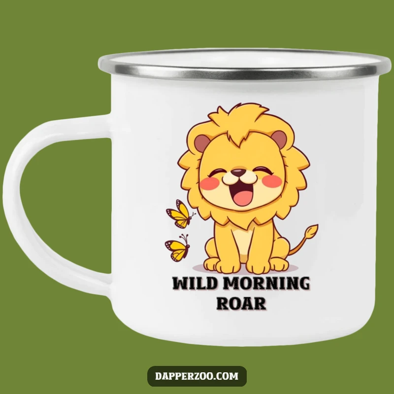 Durable Funny Kawaii Lion Roaring at Butterfly Camping Mug - Outdoor Humor Gift