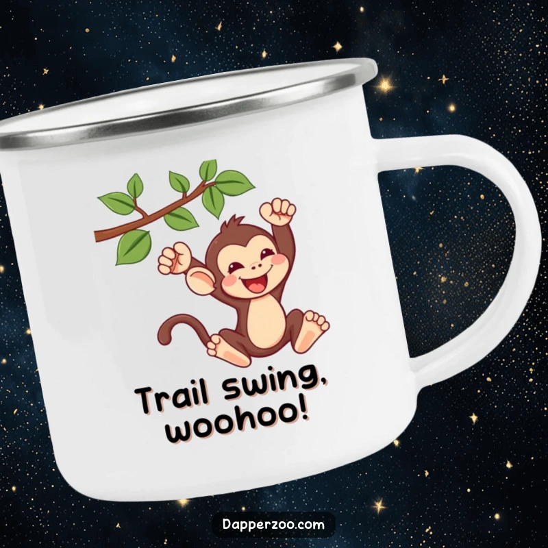 Funny kawaii monkey camping mug featuring a cute monkey gleefully swinging from a vine, ideal for outdoor adventures.