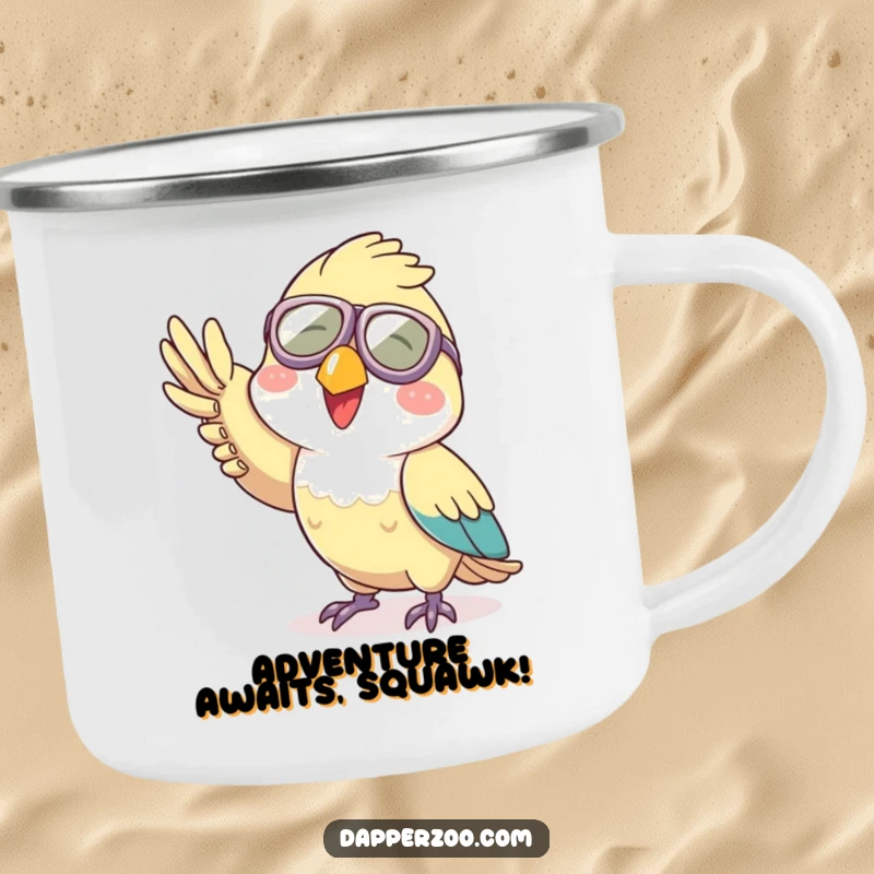 Funny aviator parrot camping mug, a sturdy cup with a joyful character in tiny goggles waving.