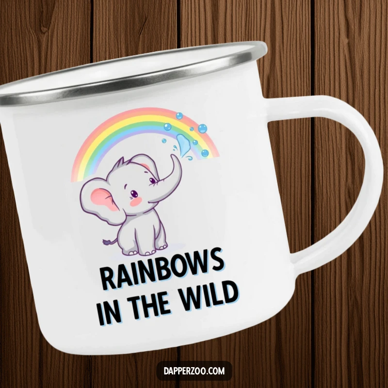 Funny tiny elephant character spraying water from its trunk to create a rainbow on a camping mug, for colorful adventures.
