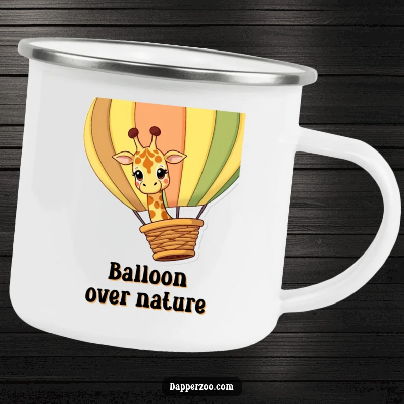 Funny giraffe camping mug showing a curious giraffe character peeking over a giant, colorful hot air balloon basket, perfect for outdoor enjoyment.