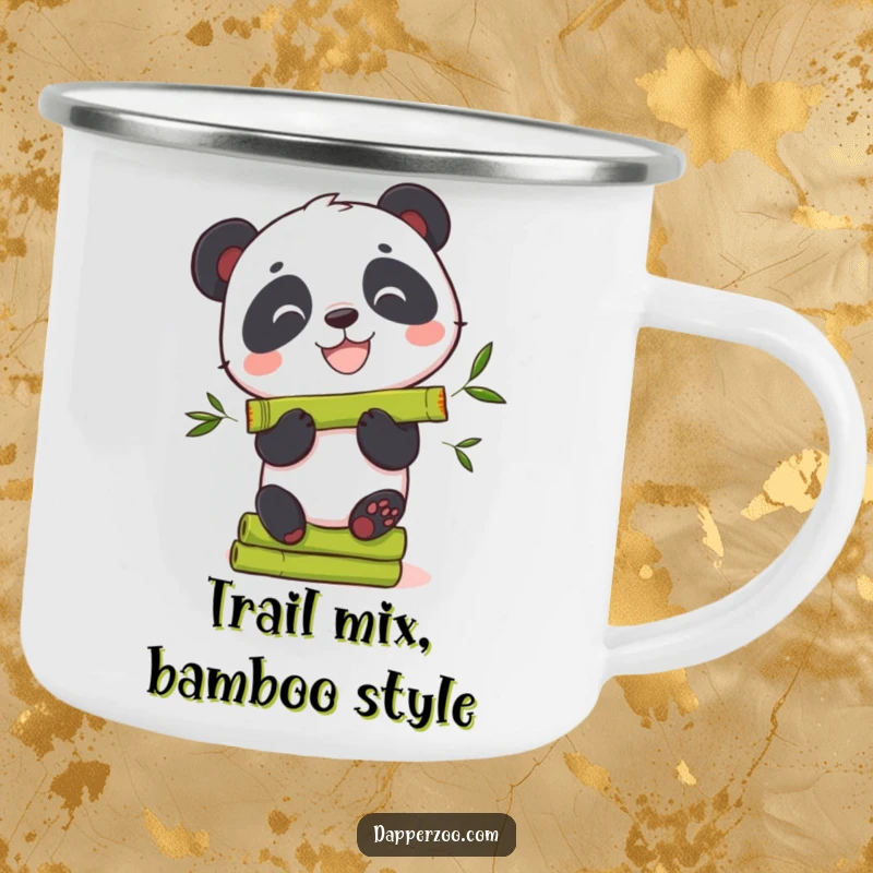 Funny panda camping mug with a grinning bear character balancing bamboo shoots.