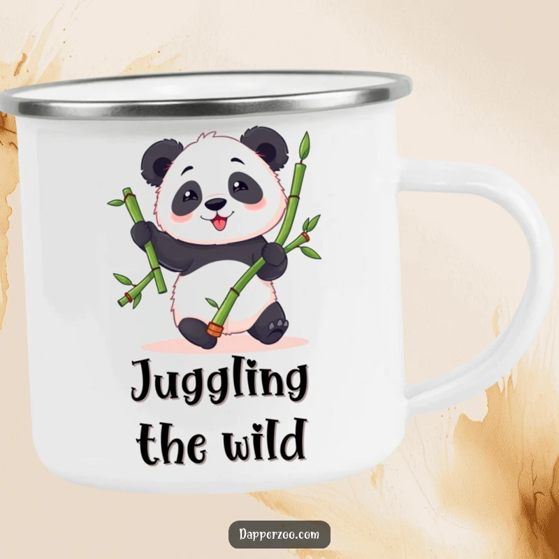 Funny panda camping mug showing a fluffy panda character attempting to juggle bamboo stalks with clumsy delight, perfect for outdoor enjoyment.
