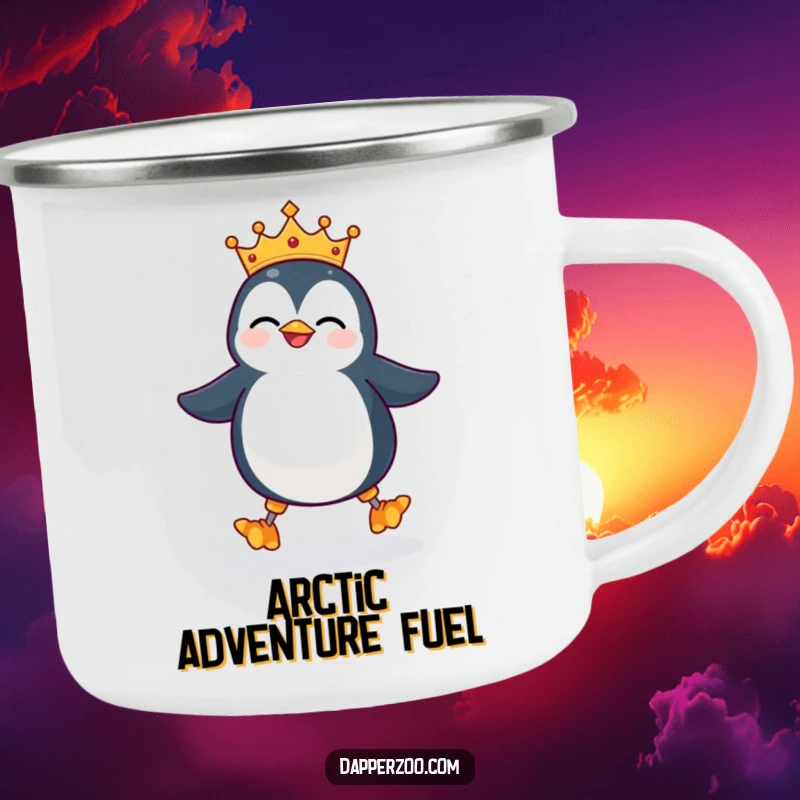 Funny penguin camping mug, wearing a tiny ill-fitting crown, giggling and attempting to waddle on stilts, for humorous outdoor beverage enjoyment.