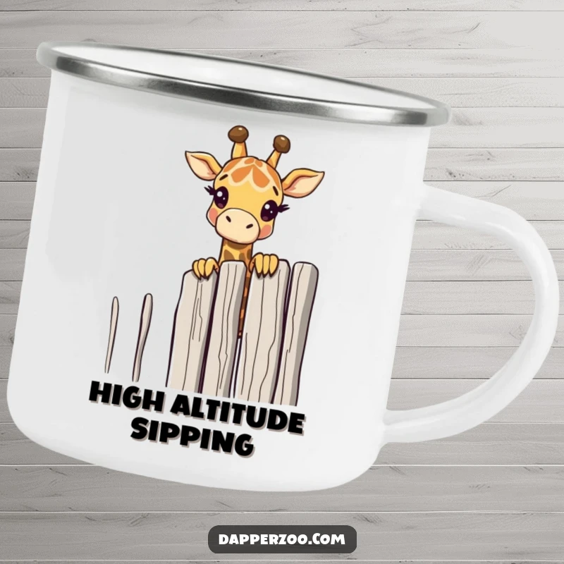 Funny giraffe character peeking over a tall, thin fence on a camping mug, ready for outdoor curiosity.