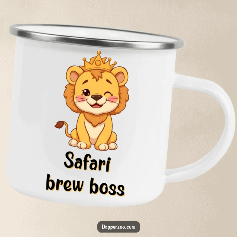 Funny camping mug featuring a cheerful lion cub with a puffed chest, striking a silly kingly pose, ready for the outdoors.