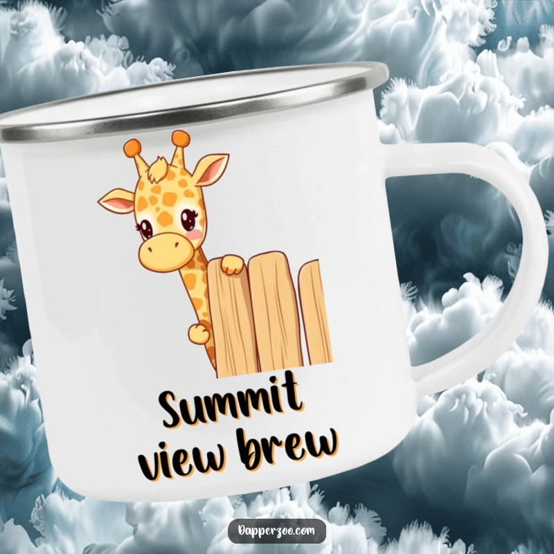 Funny kawaii giraffe camping mug featuring a cute giraffe curiously peeking over a tall fence, ideal for outdoor curiosity.