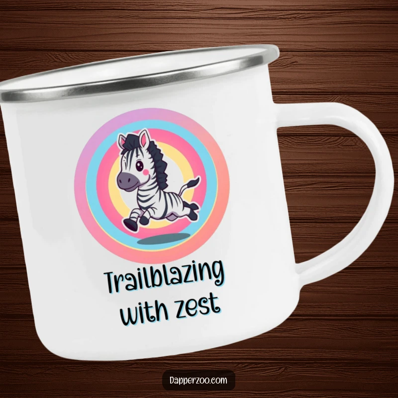 Funny camping mug with an excited zebra galloping in a vibrant rainbow circle, for cheerful outings.