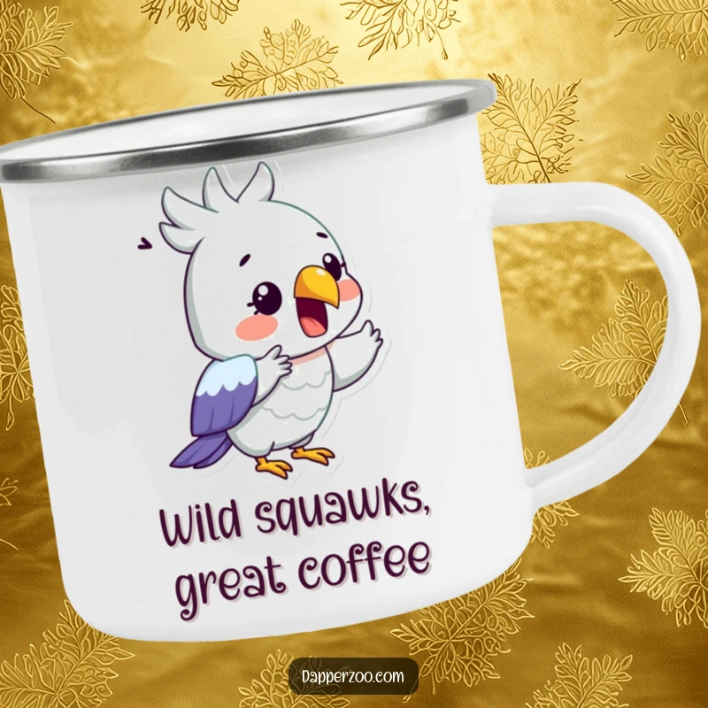 Funny camping mug with a surprised parrot dramatically reciting with its beak wide open, for outdoor fun.