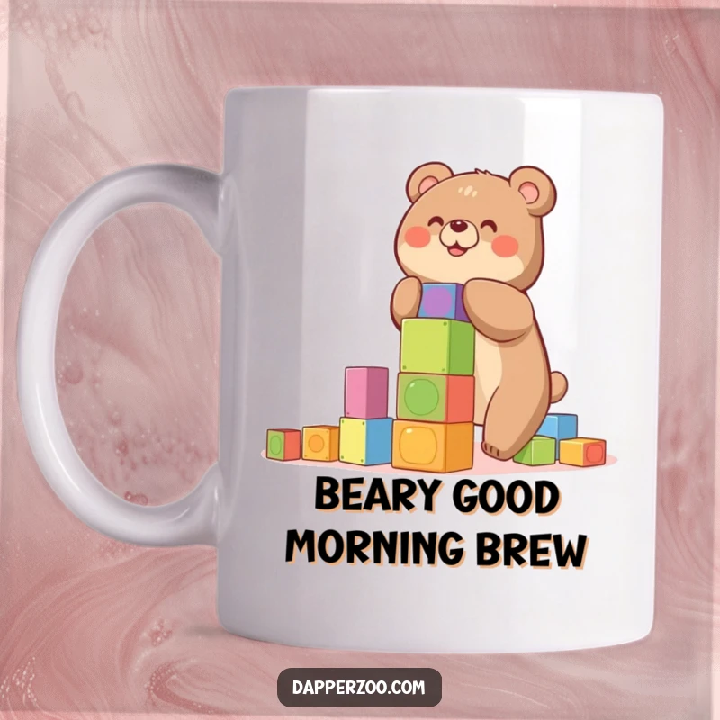 Funny mug featuring a happy bear building a precarious tower of colorful blocks, a delightful gift.