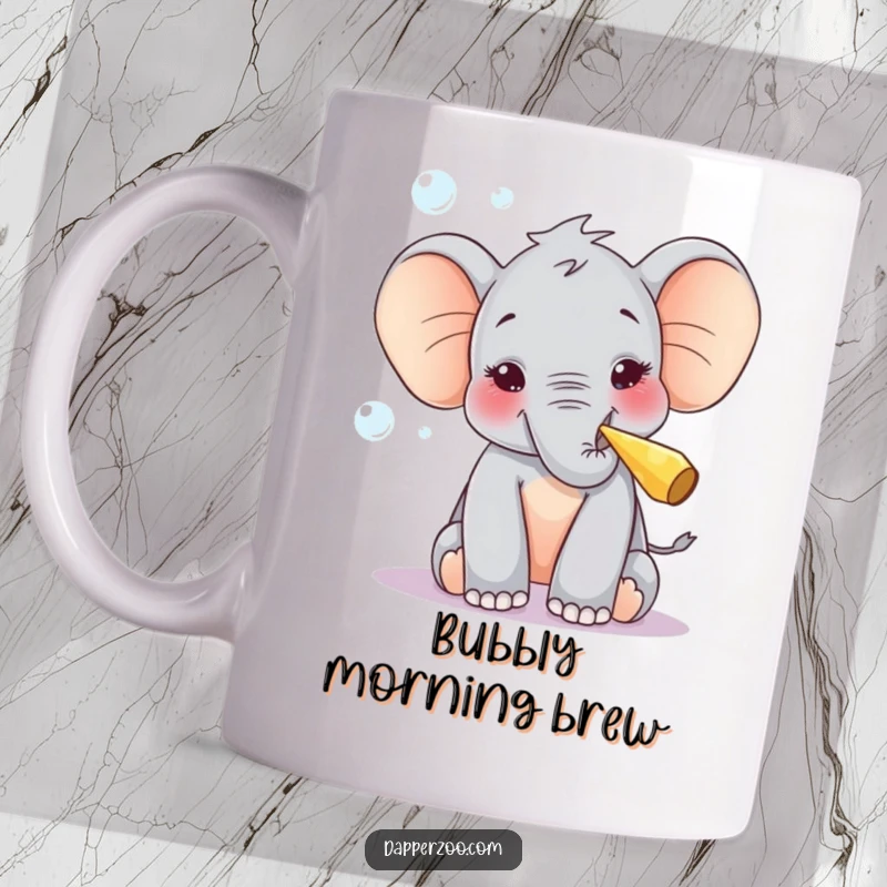 Funny mug featuring a curious elephant calf blowing bubbles with delight using a tiny party blower, spreading joy.