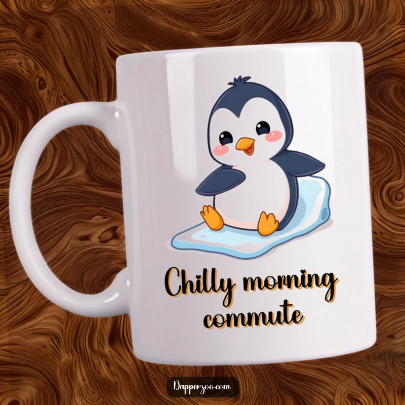 Funny penguin character joyfully slides down an ice slide on its belly, captured on this mug.