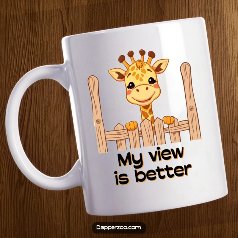 Funny giraffe mug with a wide grin, comically peeking over a tall fence, a delightful and humorous scene, great gift.