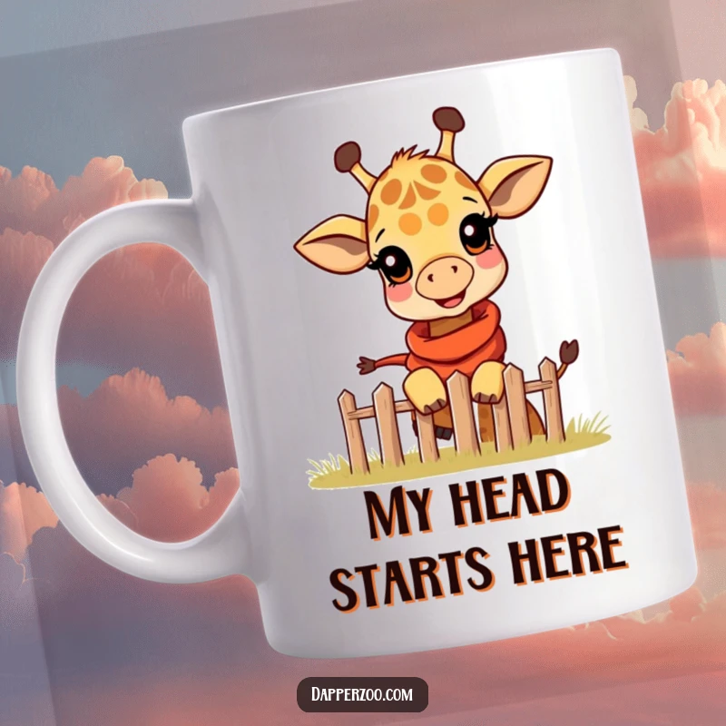 Funny mug featuring a happy giraffe calf in a tiny scarf, playfully peeking over a miniature fence, full of curiosity.