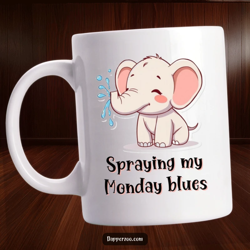 Funny kawaii elephant mug showing a cute elephant joyfully spraying water from its trunk, a whimsical and cheerful design.