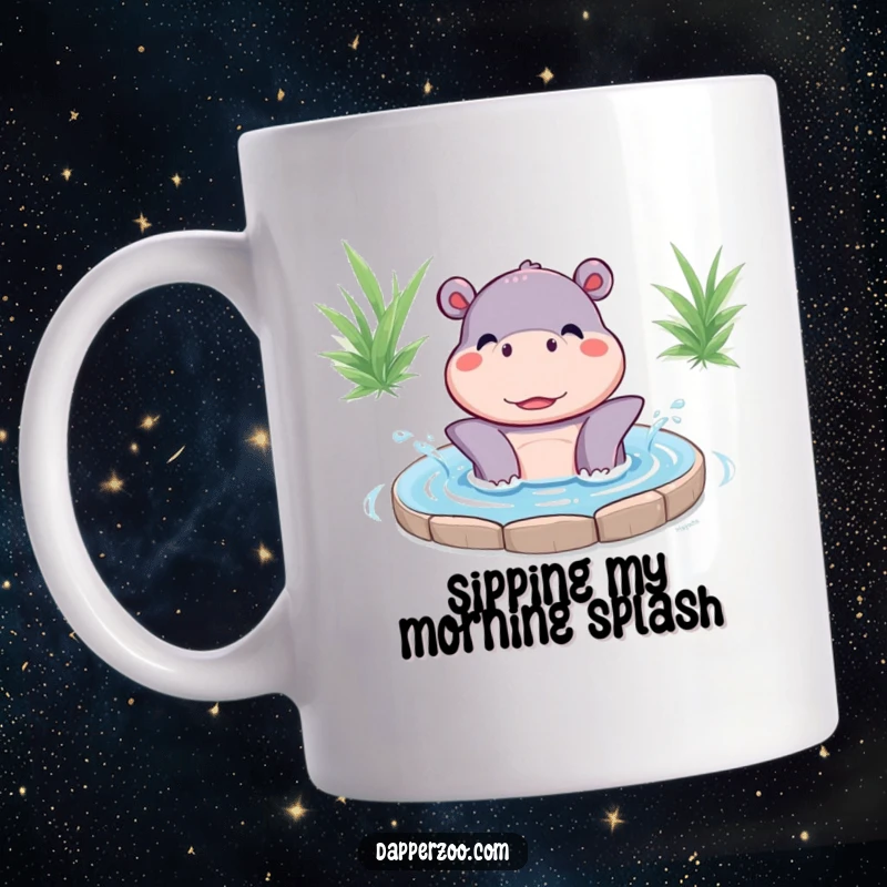 Funny Kawaii hippo character joyfully splashing water in a small pool on a mug, radiating pure, cartoonish happiness.