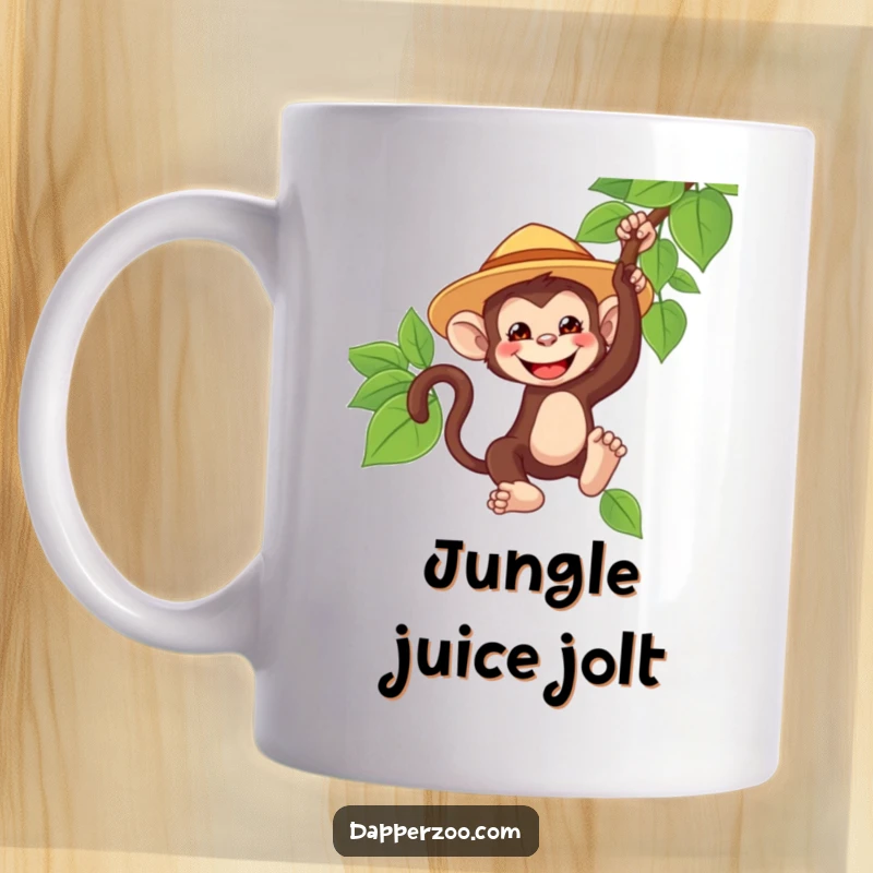 Funny monkey mug, tiny oversized safari hat, grinning, swinging from a vine, embodying playful adventure and jungle exploration.