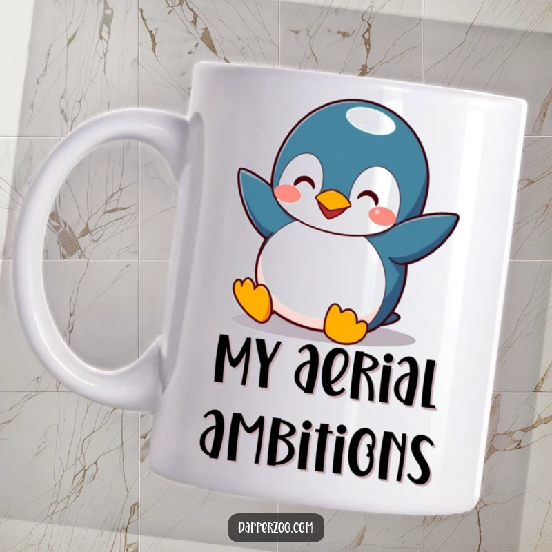 Funny penguin mug with tiny wings comically flapping, attempting flight with a determined, silly expression, a great gift for humor lovers.