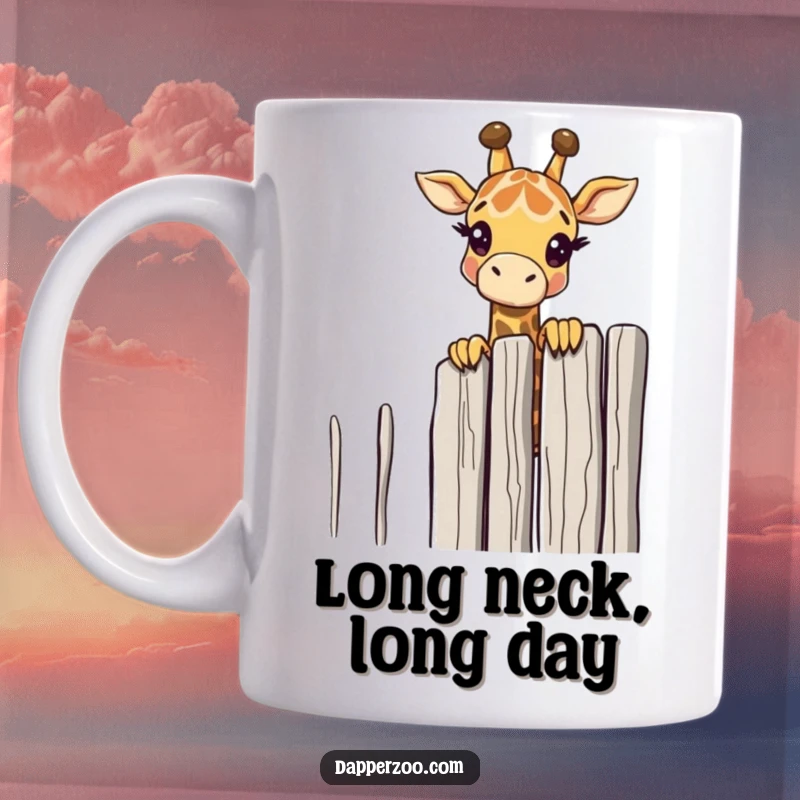 Funny giraffe character curiously peeks over a tall, thin fence on this mug, inviting a smile.