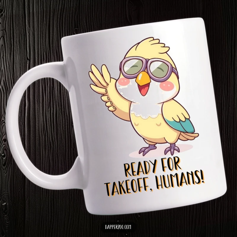 Funny aviator parrot mug with tiny goggles joyfully waving, conveying a sense of fun and adventure.