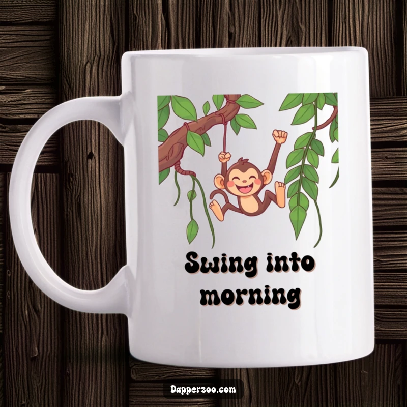 Funny monkey mug featuring a happy anthropomorphic monkey character gleefully swinging from a ridiculously long jungle vine, grinning widely.