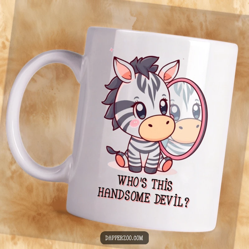 Funny Kawaii zebra character looking shocked at its own reflection in a mirror on a mug, capturing a moment of humorous disbelief.