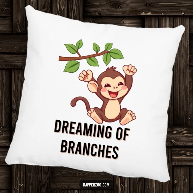Funny kawaii monkey pillow featuring a cute monkey gleefully swinging from a vine, offering comfort and playful charm.