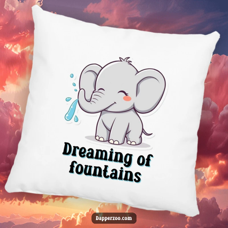 Funny elephant character spraying water from its trunk in a joyful arc, depicted on a soft and humorous pillow.