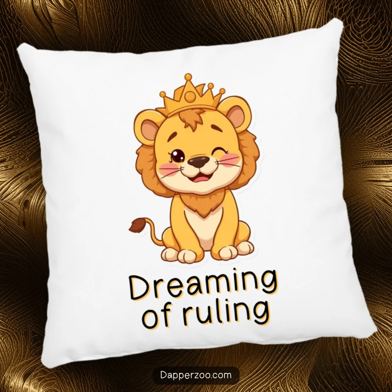 Funny pillow with a cheerful lion cub character, puffed chest, and a silly, proud kingly pose, offering comfort and humor.