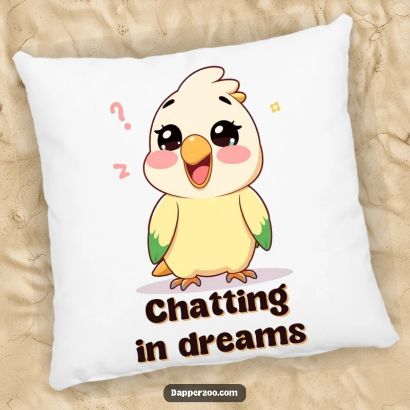 Funny Kawaii parrot character mimicking a silly sound on a plush pillow, offering comfort and a whimsical, humorous vibe.