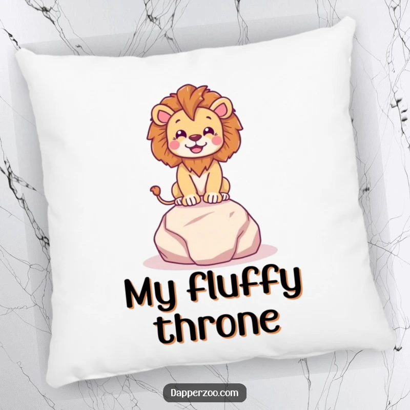 Funny lion character dramatically posing on a tiny plush rock with regal flair, depicted on a soft and humorous pillow.