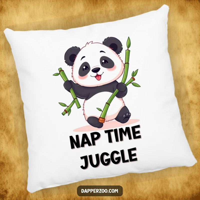 Funny panda pillow featuring a fluffy panda character trying to juggle bamboo stalks with clumsy, endearing delight for soft comfort.