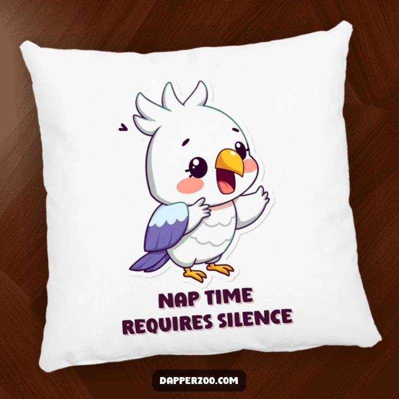 Funny pillow featuring a surprised parrot dramatically reciting with its beak wide open, a cute gift.