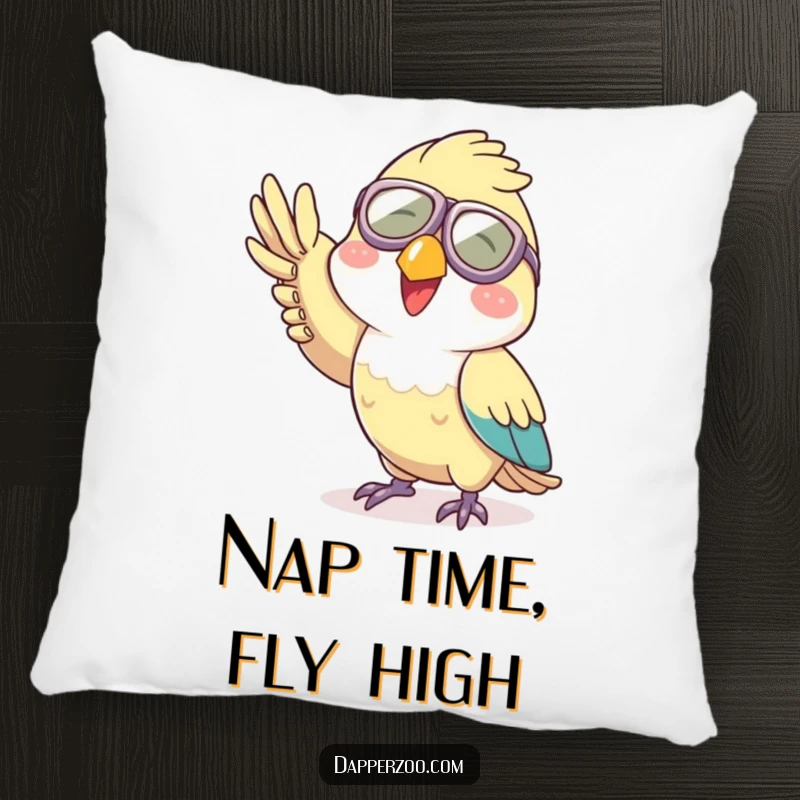 Funny aviator parrot pillow, a soft cushion featuring a joyful character in tiny goggles waving playfully.