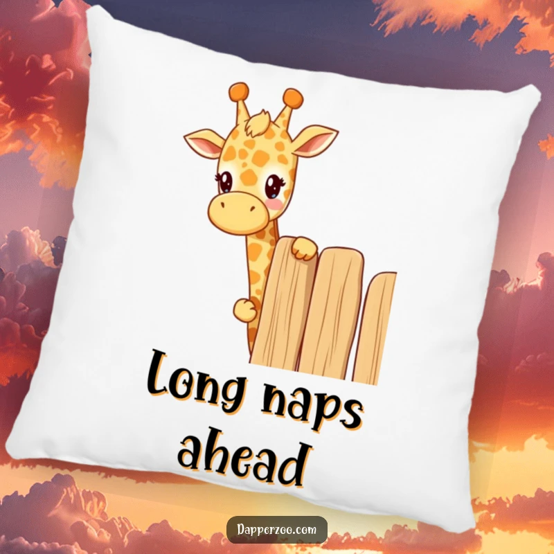 Funny kawaii giraffe pillow featuring a cute giraffe curiously peeking over a tall fence, offering comfort and curious charm.