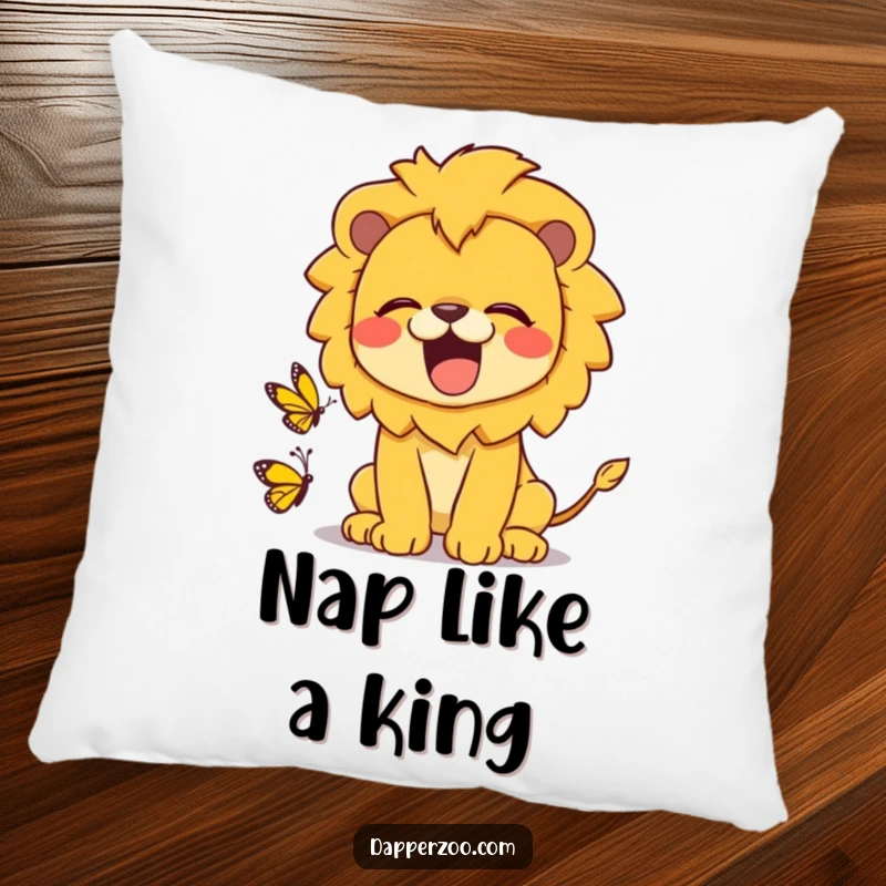 Funny kawaii lion pillow featuring a cute lion roaring playfully at a tiny butterfly, offering comfort and humorous charm.